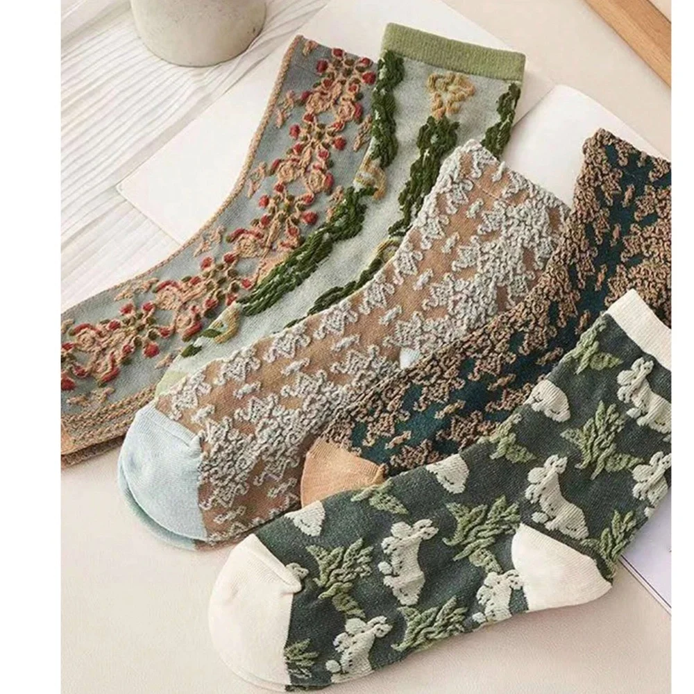 Vintage Look Textured Multicolor Mid Length Socks Set